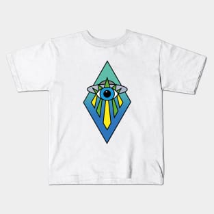 Illuminati Pyramid UFO Evil Eye Art Deco Geometric Diamond Shape Green Blue Sea Sky Space Kids T-Shirt